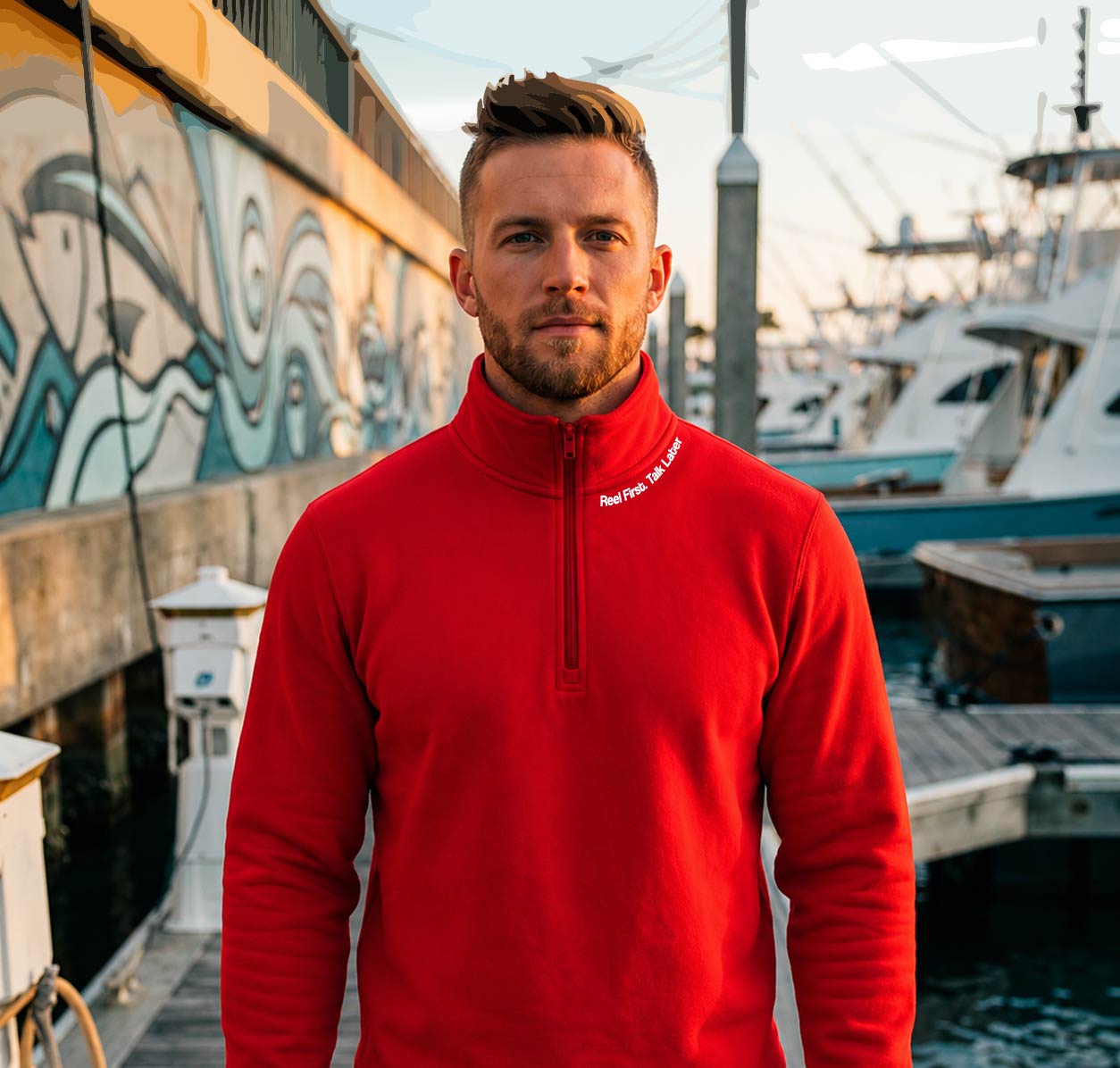 Reel First. Talk Later - Fleece 1/4-Zip Pullover Sweatshirt | Unisex Cotton Blend Quarter Zip - Chasing Fin New Collection