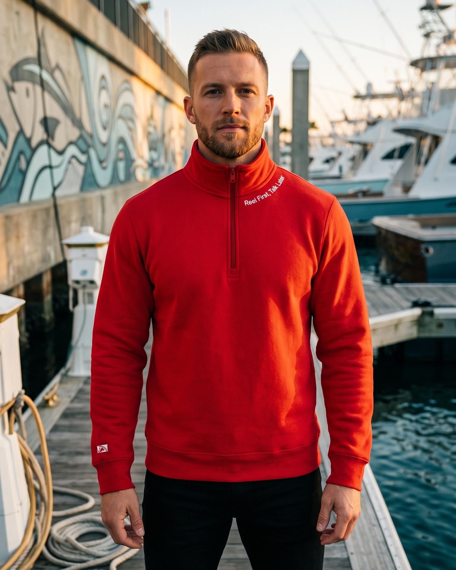 Reel First. Talk Later - Fleece 1/4-Zip Pullover Sweatshirt | Unisex Cotton Blend Quarter Zip - Chasing Fin New Collection
