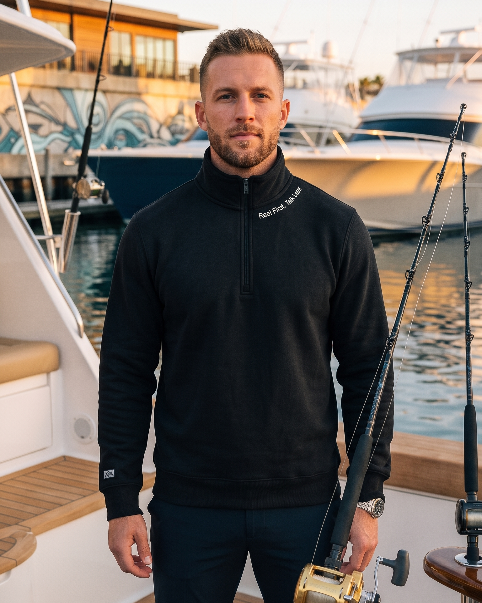Reel First. Talk Later - Fleece 1/4-Zip Pullover Sweatshirt | Unisex Cotton Blend Quarter Zip - Chasing Fin New Collection
