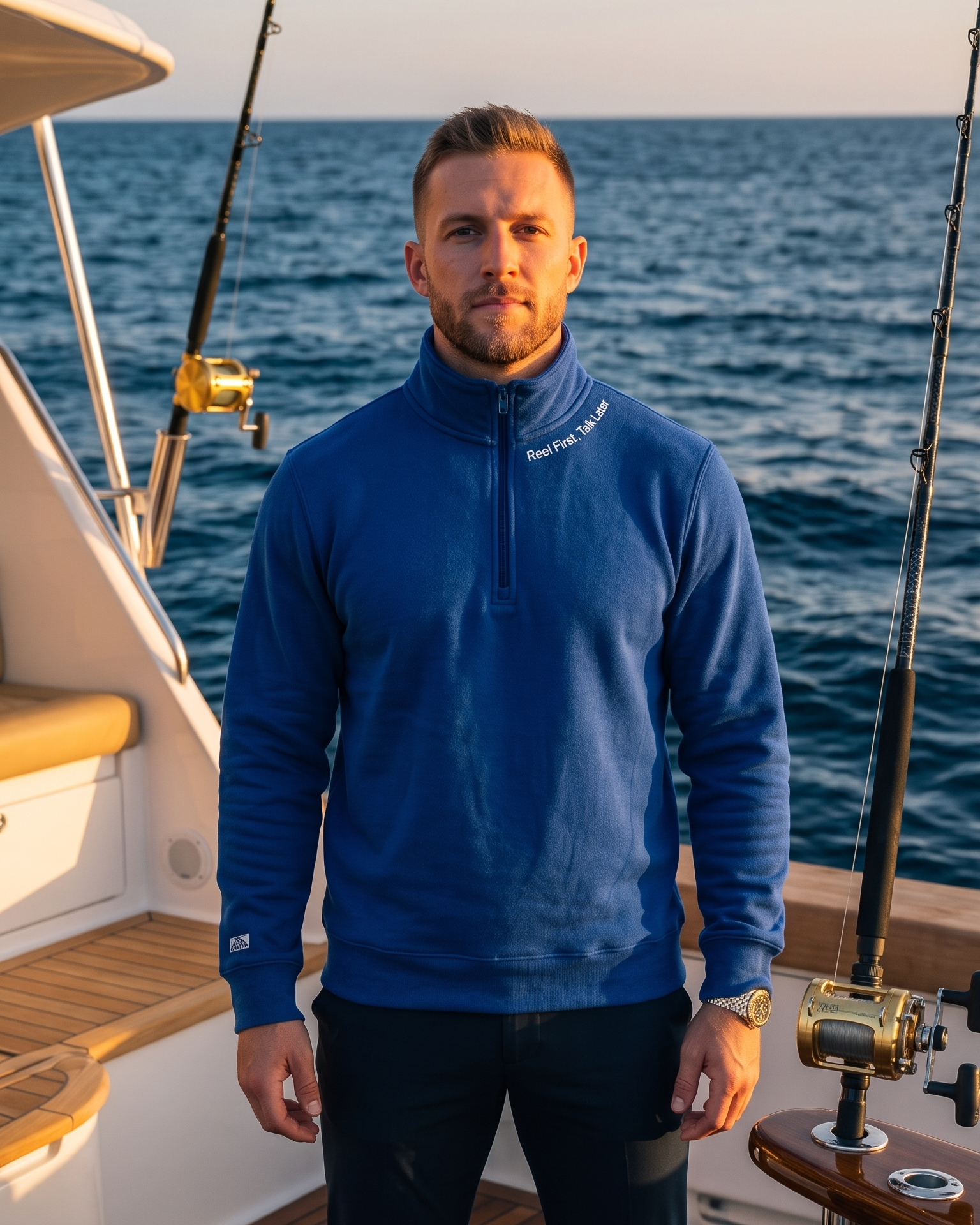 Reel First. Talk Later - Fleece 1/4-Zip Pullover Sweatshirt | Unisex Cotton Blend Quarter Zip - Chasing Fin New Collection