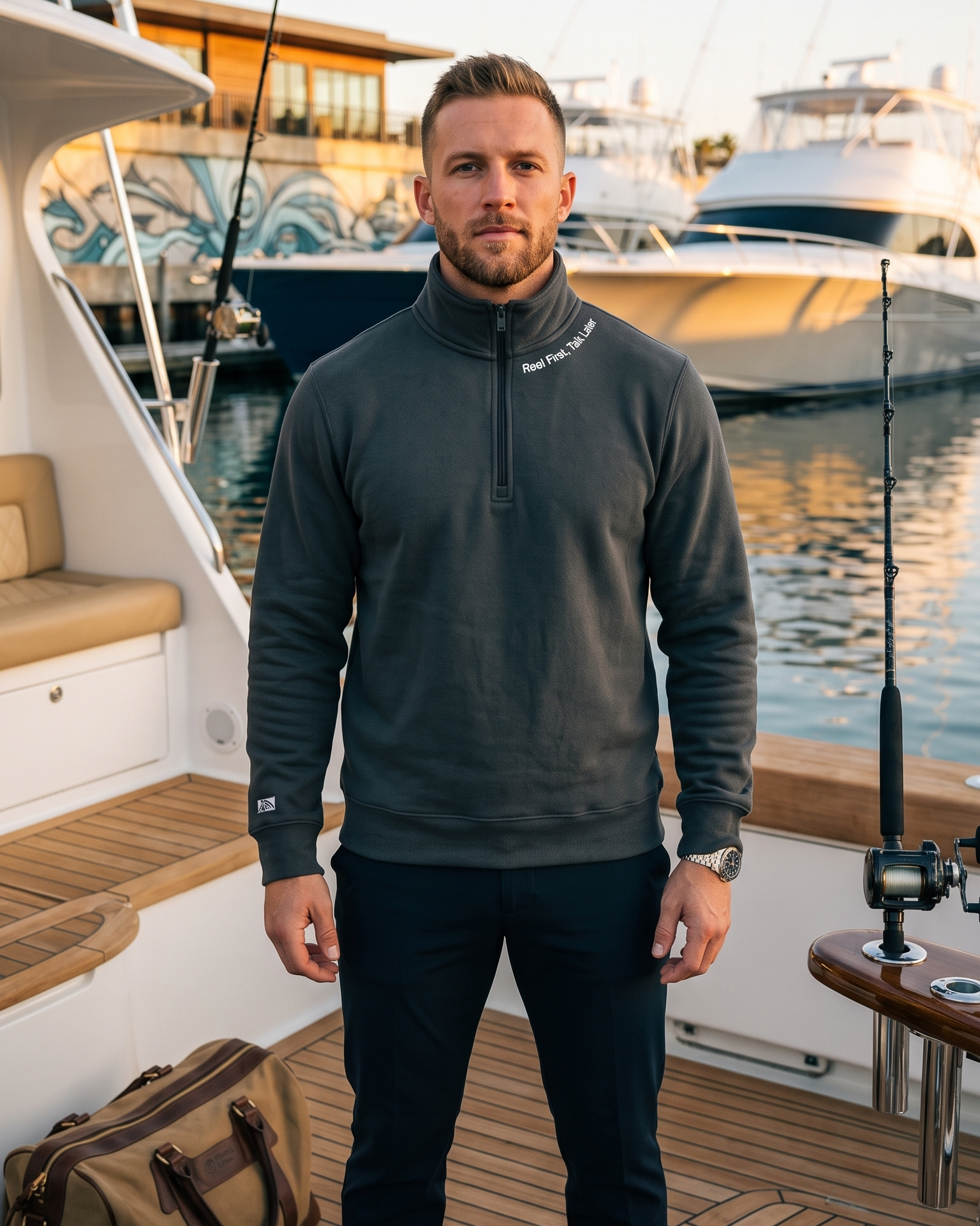Reel First. Talk Later - Fleece 1/4-Zip Pullover Sweatshirt | Unisex Cotton Blend Quarter Zip - Chasing Fin New Collection