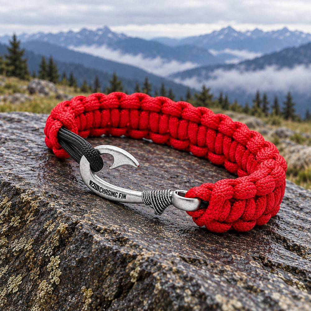 Red & Black Slim Cobra Braid Fish Hook Bracelet