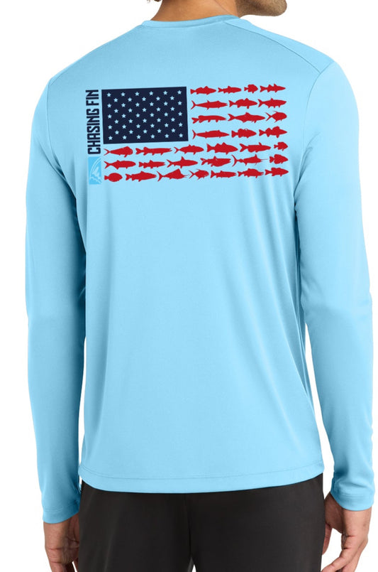 Chasing Fin New Edition American Patriotic Fish Flag Performance Shirt Blue