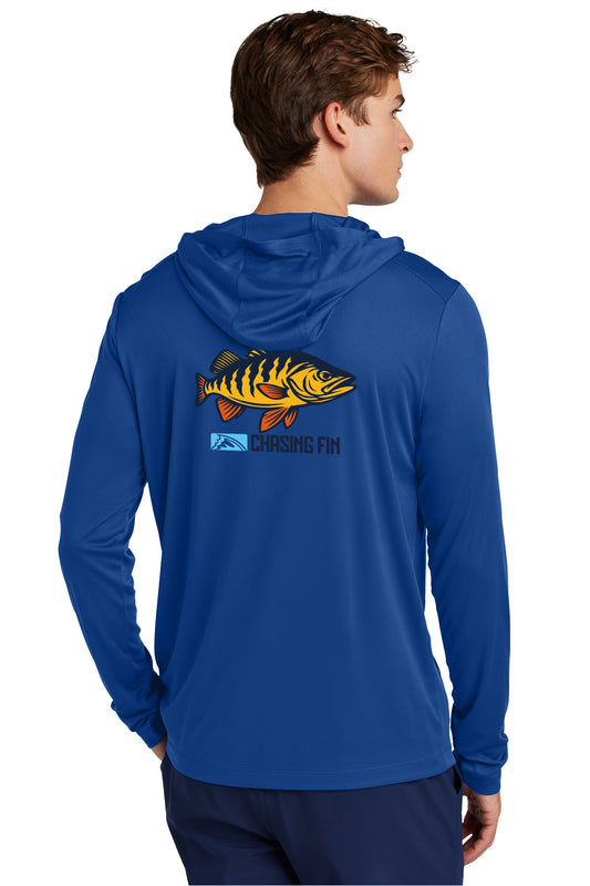 Chasing Fin Peacock Bass Performance Shirt Long Sleeve with Hoodie Blue
