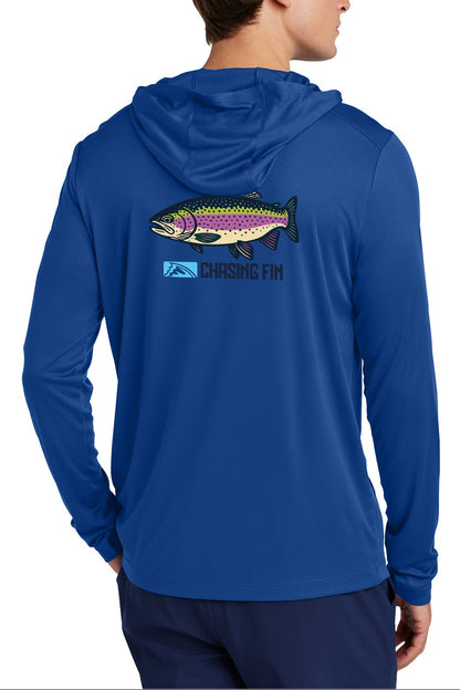 Chasing FIn Rainbow Trout Performance Long Sleeve Hoodie Blue