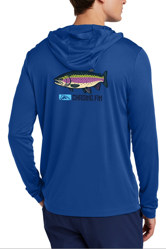 Chasing FIn Rainbow Trout Performance Long Sleeve Hoodie Blue