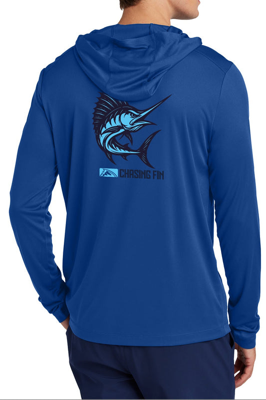 Chasing Fin Marlin Performance Long Sleeve Shirt with Hoodie Blue