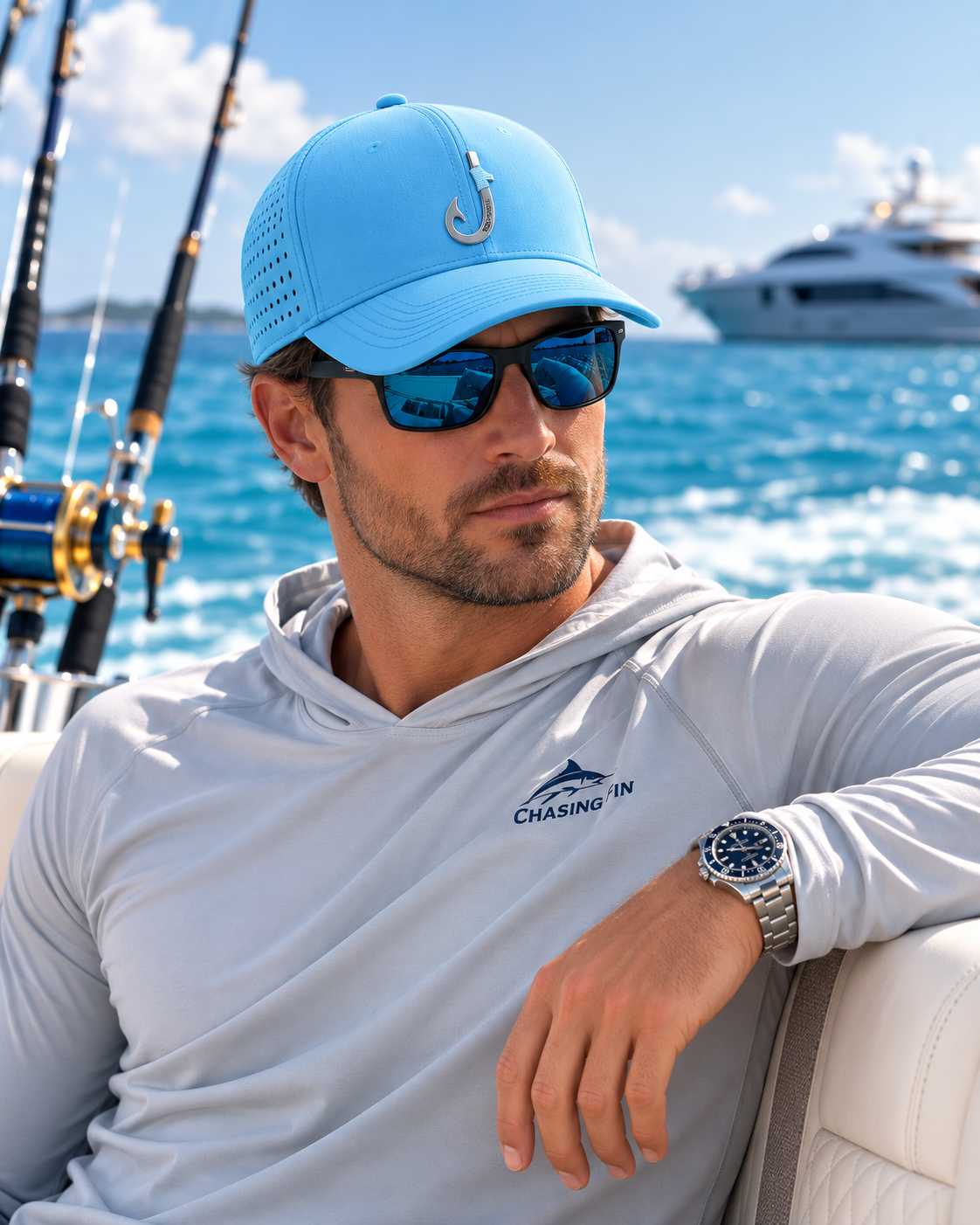 Chasing Fin Sky Blue Performance Hat – Patented Fish Hook™ in 3d Logo