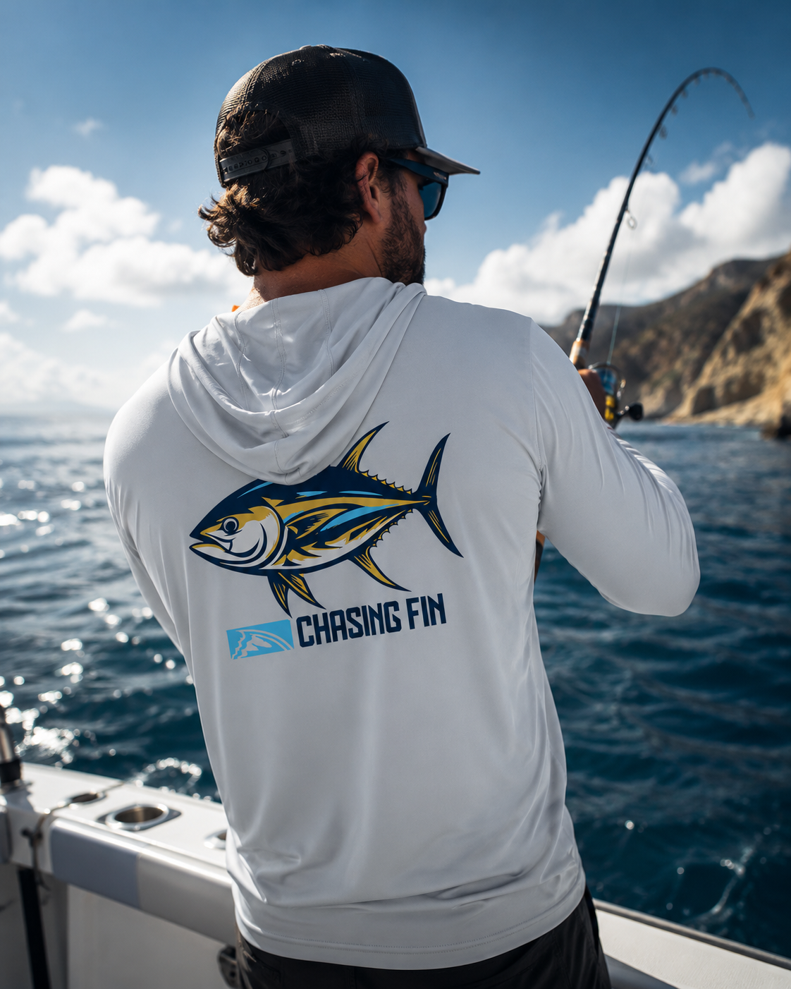 Tuna Tastic Performance Long Sleeve Shirt with Hoodie Blue - Chasing Fin New Edition
