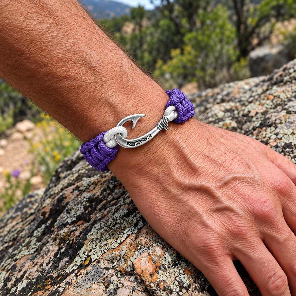 Purple & Silver Slim Cobra Braid Fish Hook Bracelet