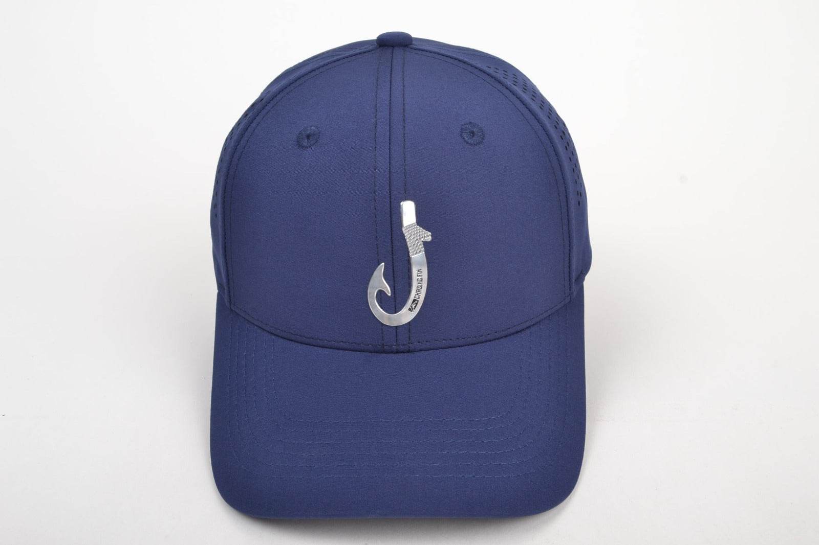 Chasing Fin Navy Performance Hat – Patented Fish Hook™ with Metallic 3D TPU Logo