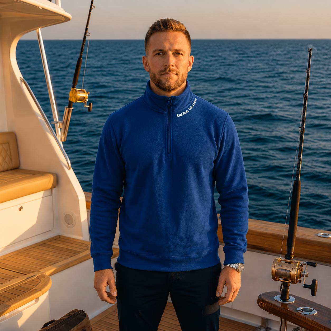 Reel First. Talk Later - Fleece 1/4-Zip Pullover Sweatshirt | Unisex Cotton Blend Quarter Zip - Chasing Fin New Collection
