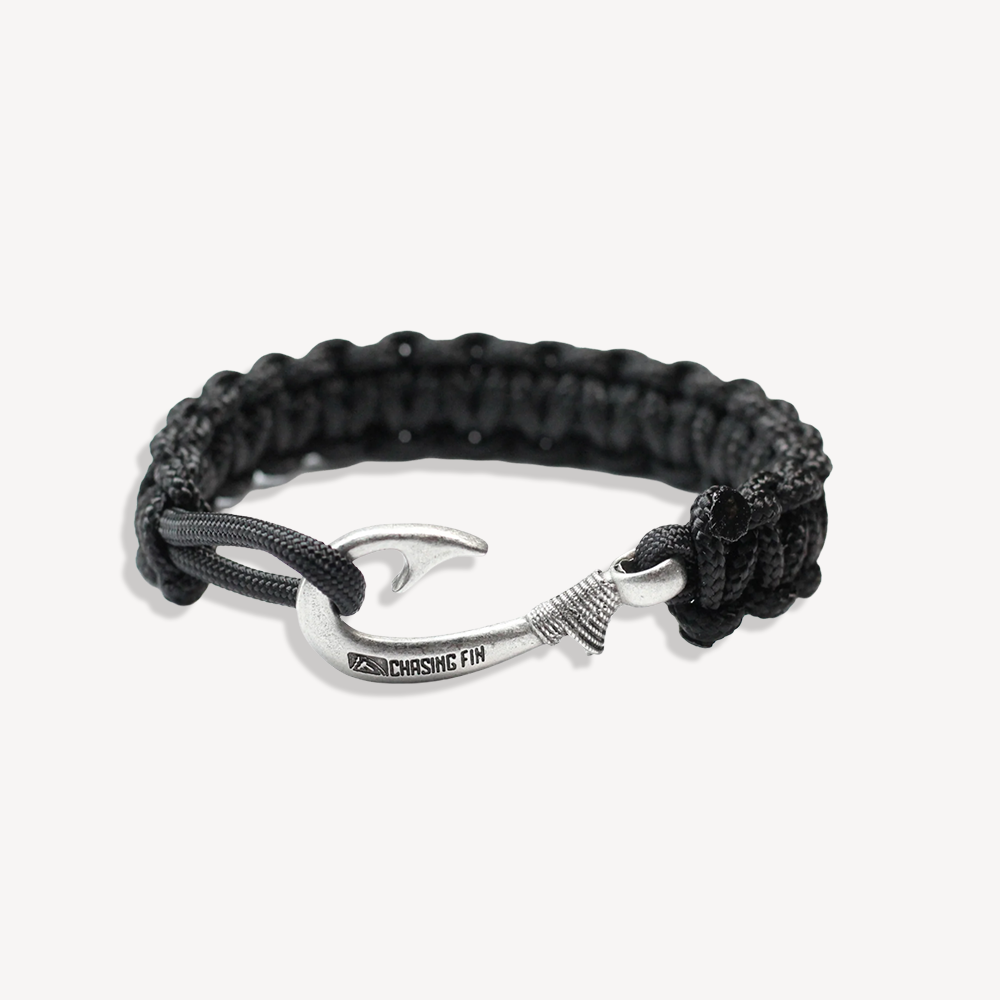 Solid Black Slim Cobra Braid Fish Hook Bracelet