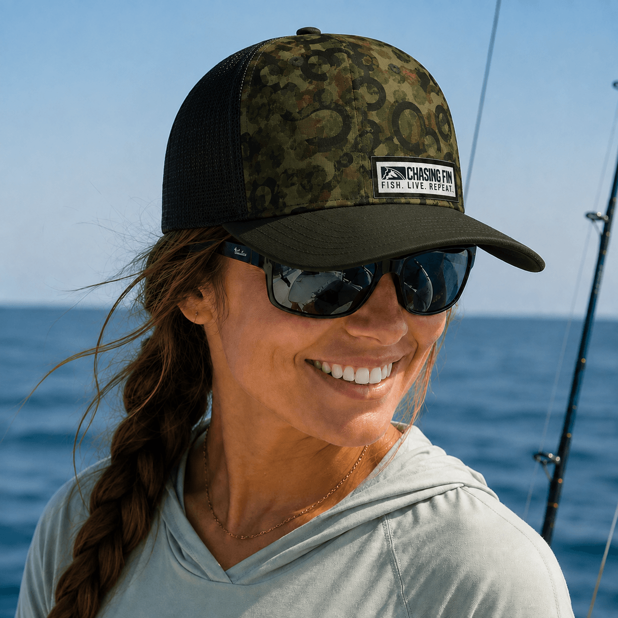 Green Hook Camo™ Chasing Fin Exclusive Pattern 6-Panel Performance Trucker Hat