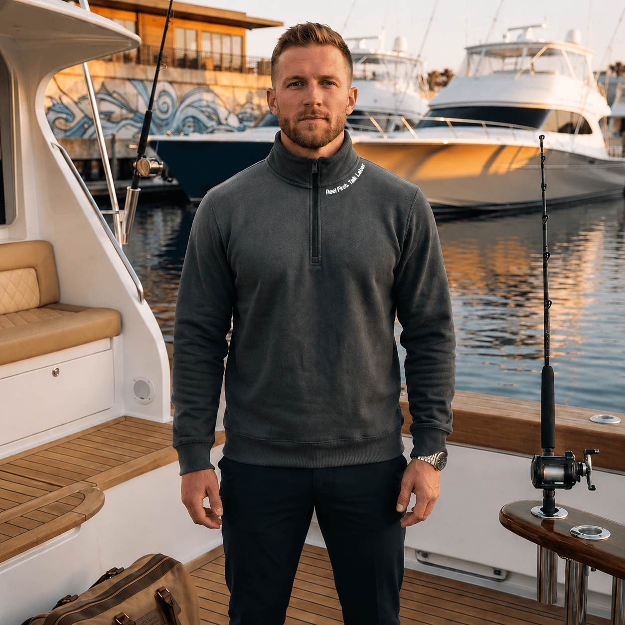 Reel First. Talk Later - Fleece 1/4-Zip Pullover Sweatshirt | Unisex Cotton Blend Quarter Zip - Chasing Fin New Collection
