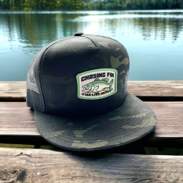 Bass Catcher Black Camo Trucker Cap (Flat Bill)