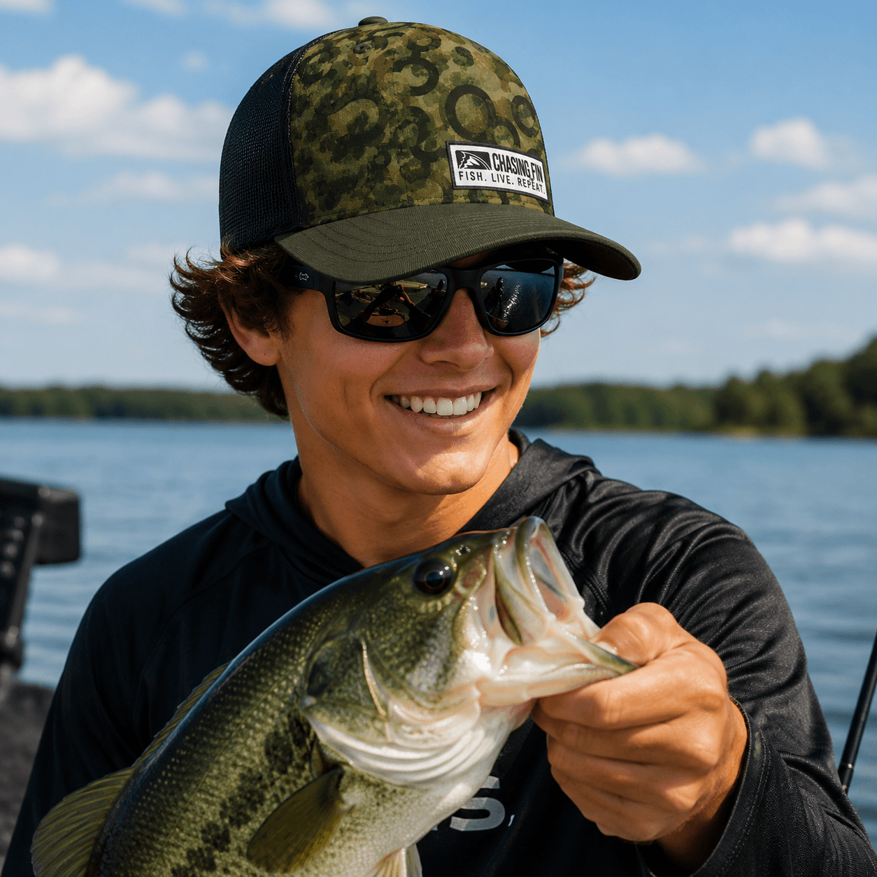Green Hook Camo™ Chasing Fin Exclusive Pattern 6-Panel Performance Trucker Hat