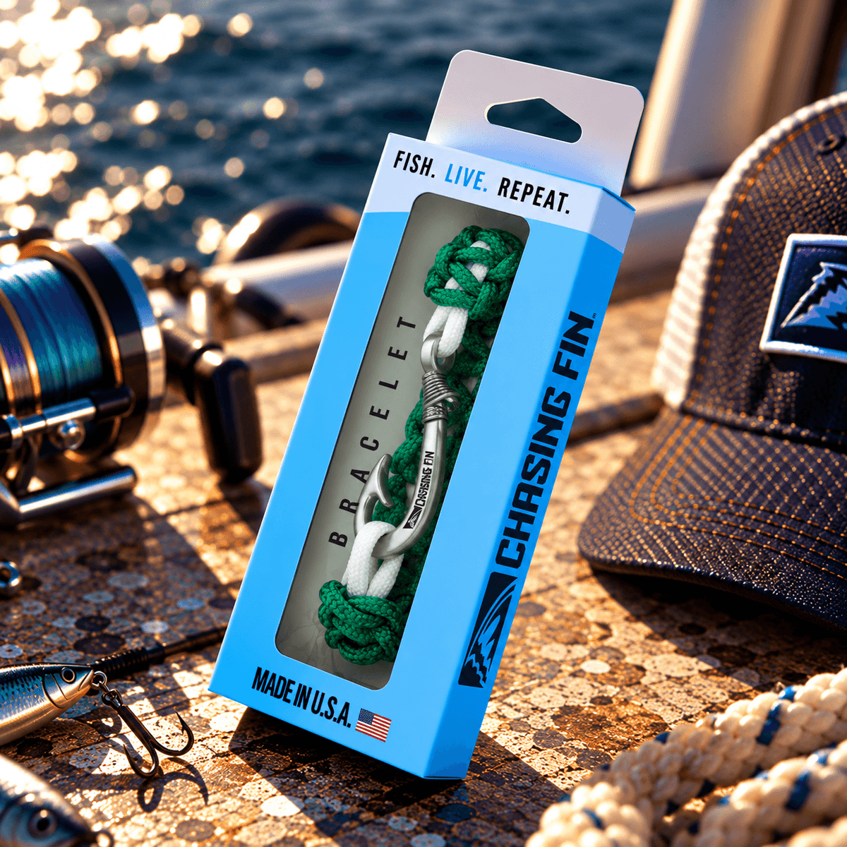 New Slim Cobra Braid Fish Hook Bracelet (Kelly Green & White)