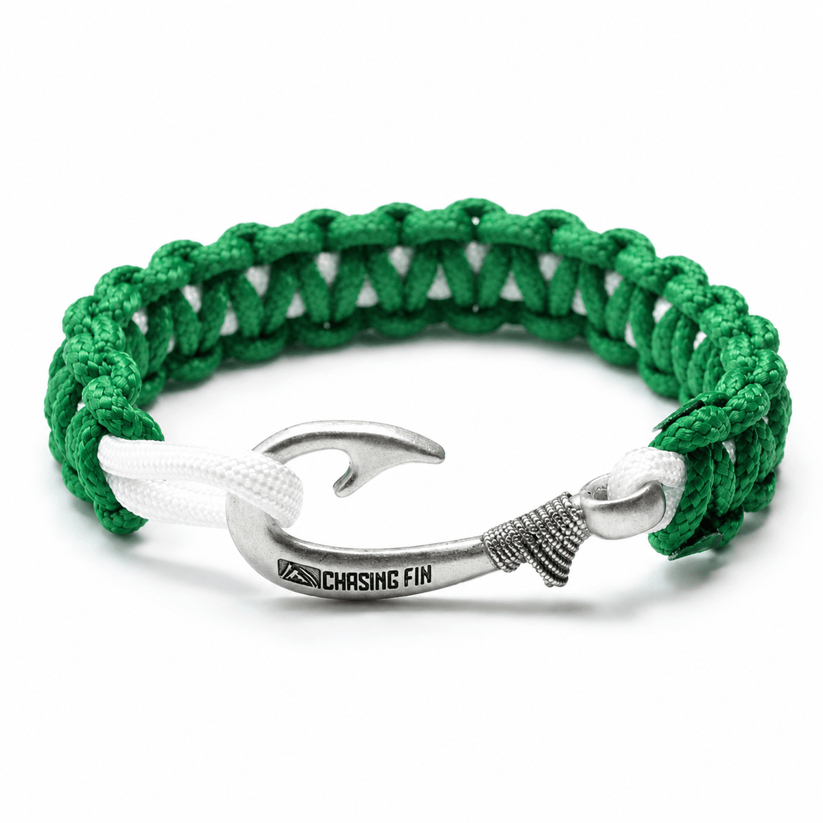 New Slim Cobra Braid Fish Hook Bracelet (Kelly Green & White)