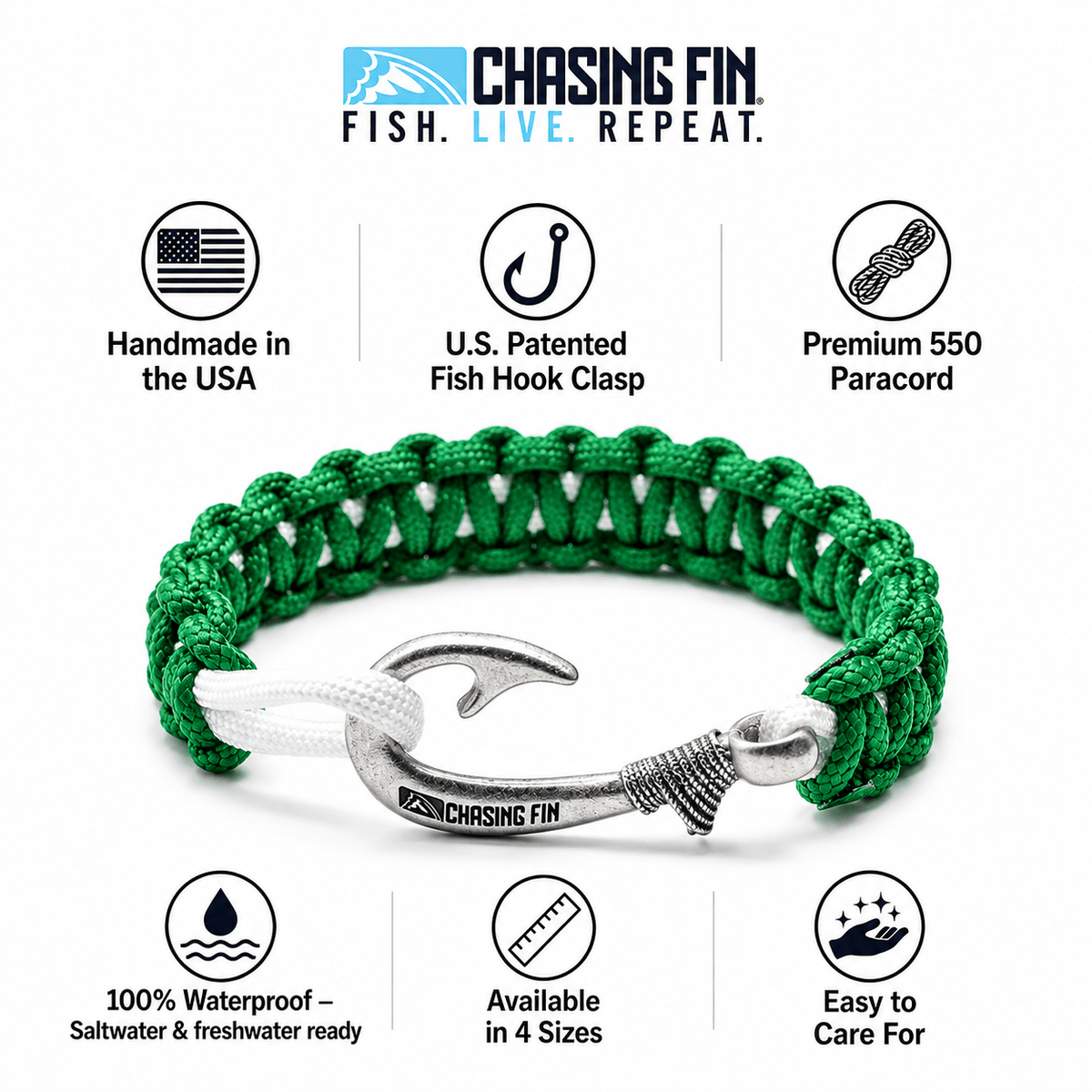 New Slim Cobra Braid Fish Hook Bracelet (Kelly Green & White)