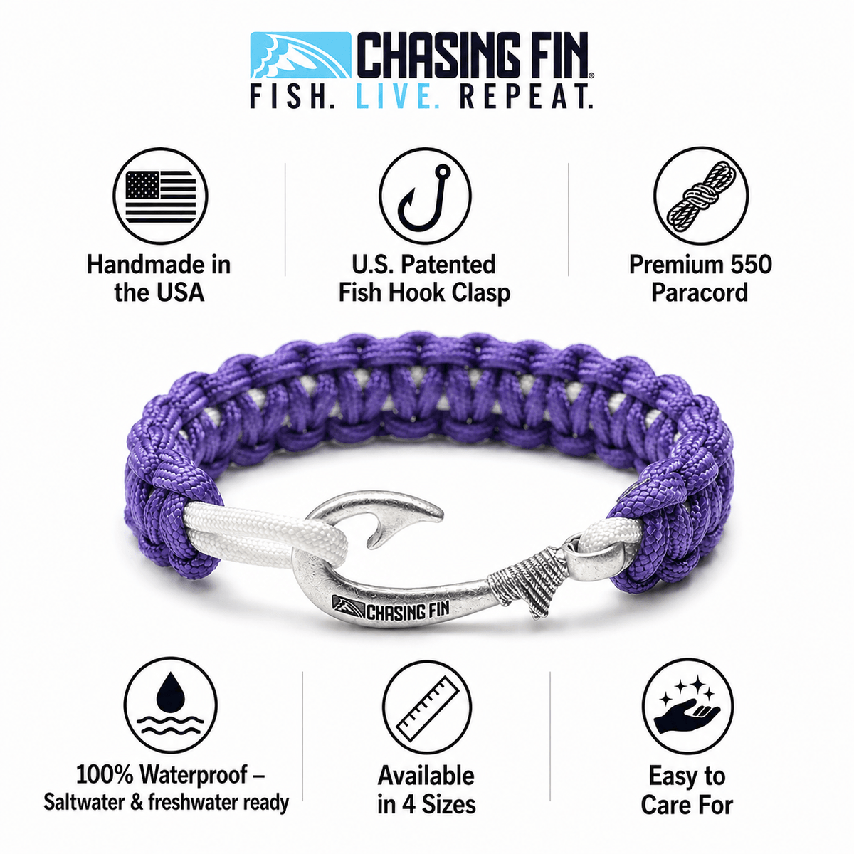 Purple & Silver Slim Cobra Braid Fish Hook Bracelet