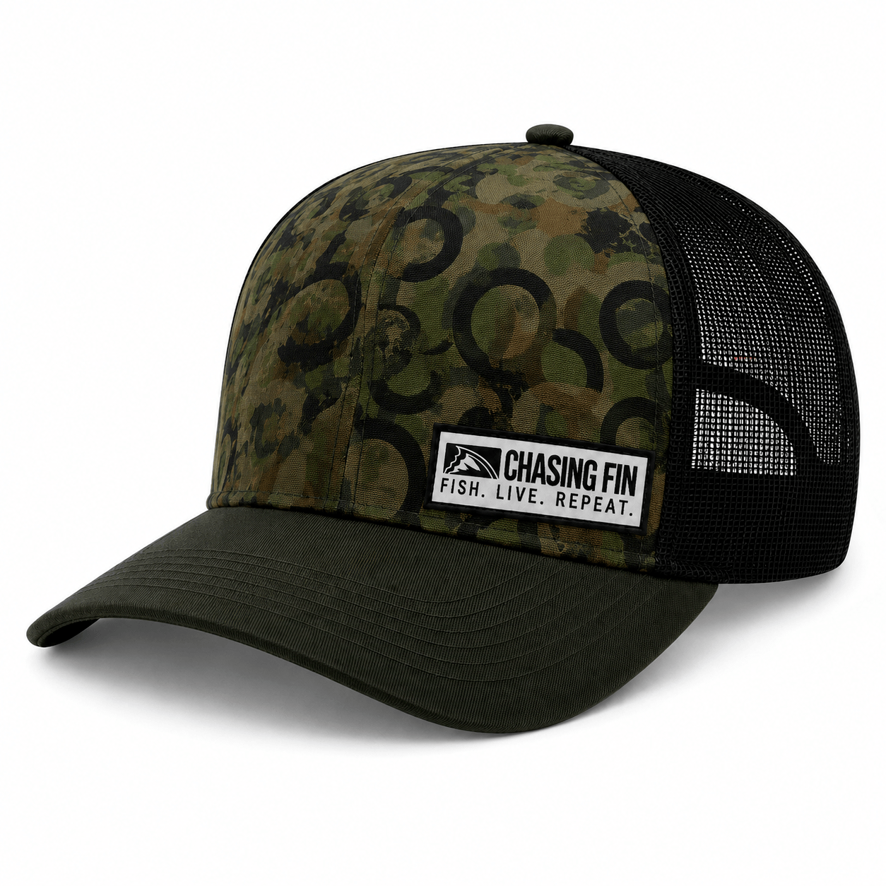 Green Hook Camo™ Chasing Fin Exclusive Pattern 6-Panel Performance Trucker Hat