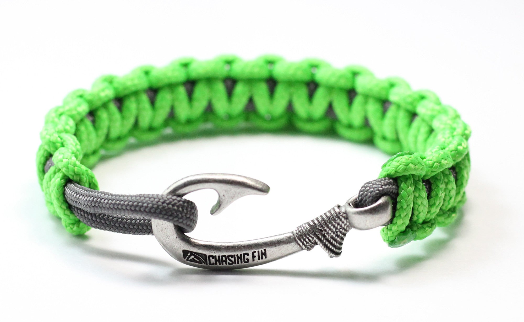 New Slim Cobra Braid Fish Hook Bracelet (Neon Green & Gray)