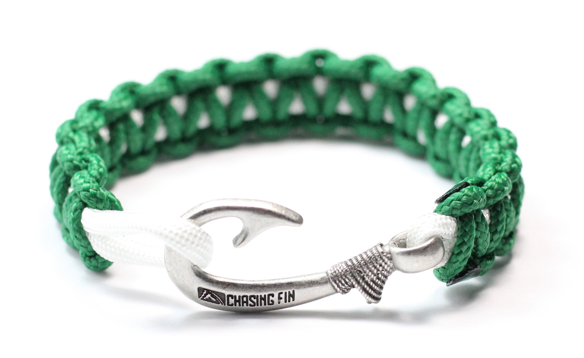 New Slim Cobra Braid Fish Hook Bracelet (Kelly Green & White)