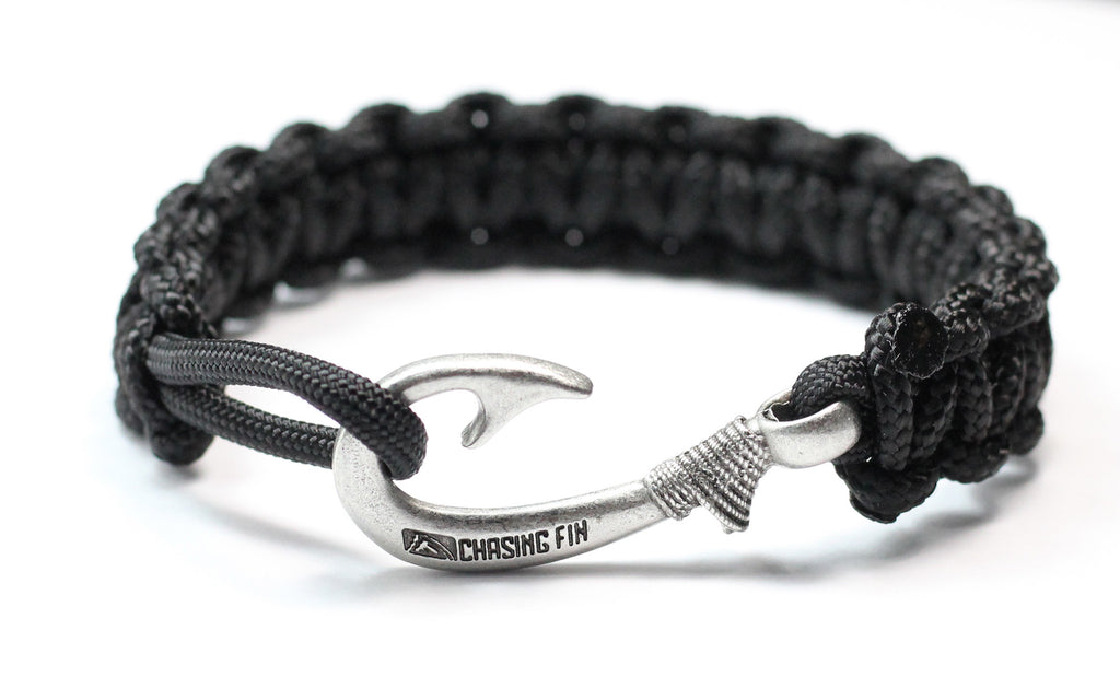 Solid Black Slim Cobra Braid Fish Hook Bracelet