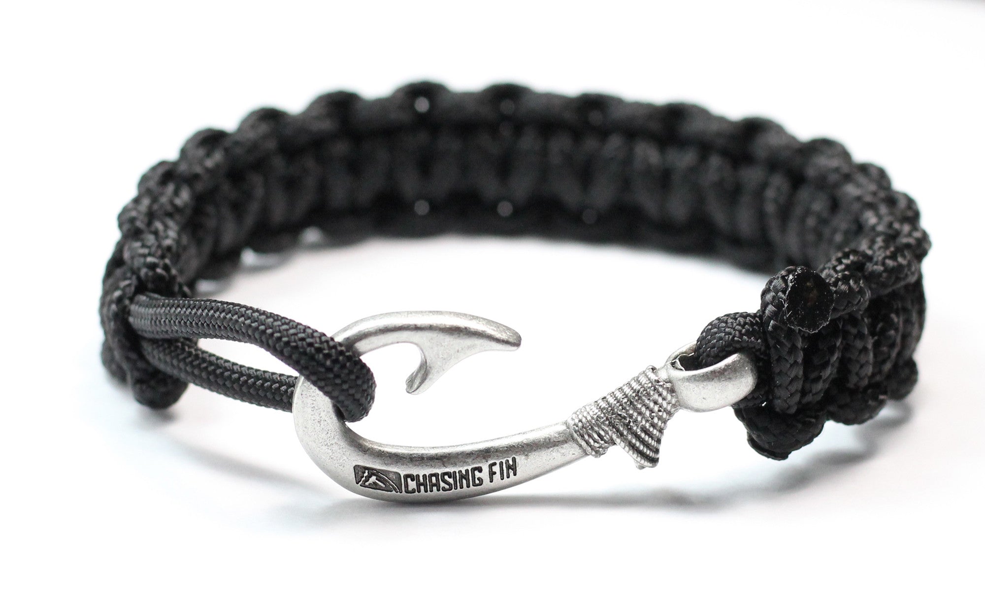 Solid Black Slim Cobra Braid Fish Hook Bracelet